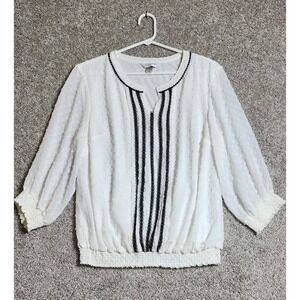 Christopher Banks White Textured Blouse Black Lace Trim Smocked Hem 3/4 Sleeve L